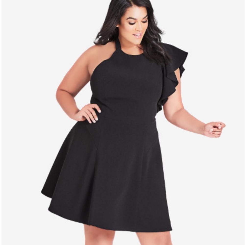One-Shoulder Ruffle Fit & Flare Dress - Black - Picture 3 of 10